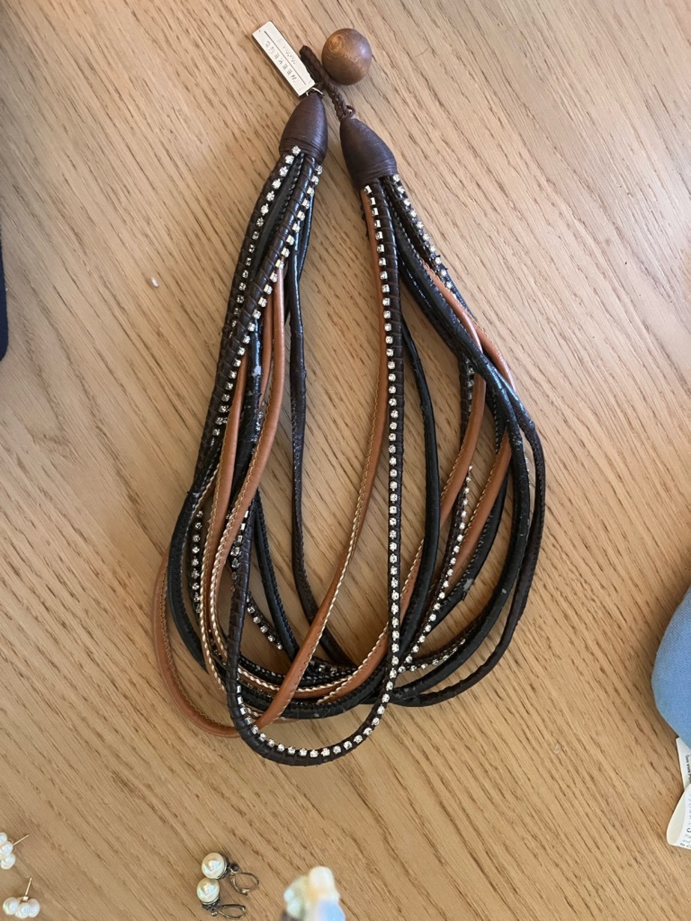Weekend Max Mara Multi-Strand Leather and Crystal Necklace in Black and Brown